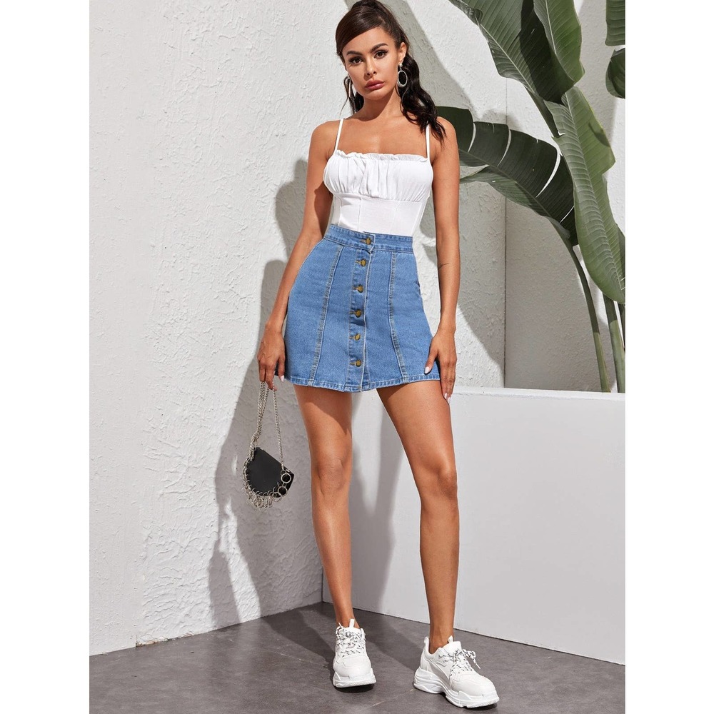 Button Through A Line light wash Denim Skirt jean skirt - Picture 4 of 4